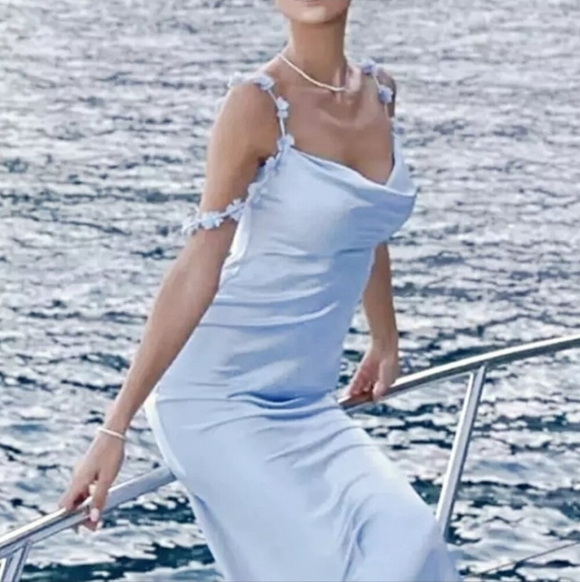 New Caroline Constas 3-D Flower Applique Trim Straps Satin Maxi Dress Pale Blue - Picture 3 of 12